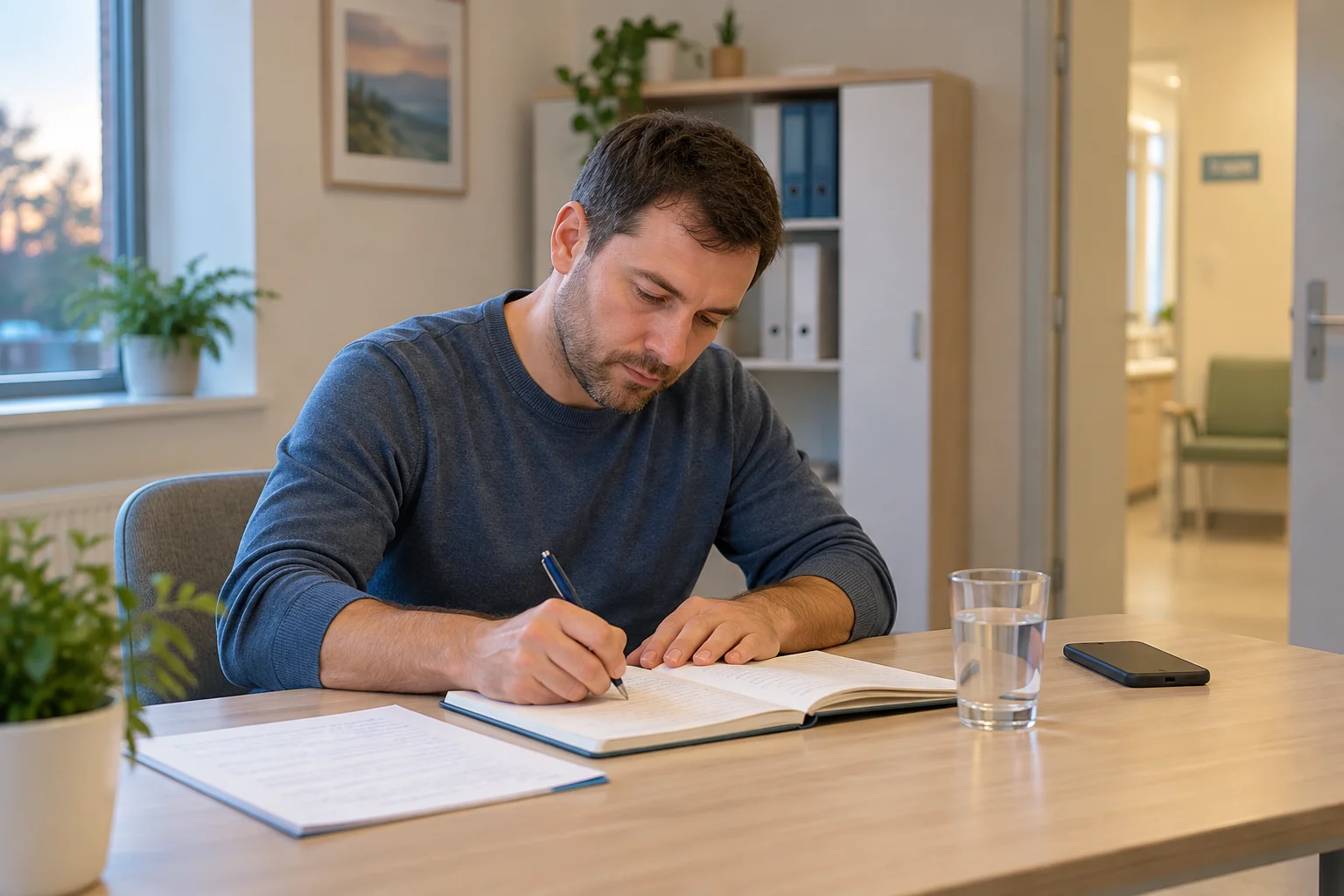 Мужчина записывает в дневник события дня